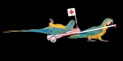 FOA-Herning: 2 papegøjer, den ene slæber den anden, som er syg. Der ses også et røde-kors flag.