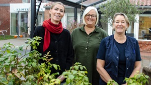 Tillid, faglighed og fælles ansvar er opskriften på et godt arbejdsmiljø på Plejecenter Kløvermarken. Her står fra venstre plejecenterleder Louisa Strandgaard Hvass, fællestillidsrepræsentant Hanne Hedegaard og arbejdsmiljørepræsentant Britta Kræmmer Friberg i plejehjemmets orangeri med udsigt til indgangen. De er enige om én ting: Når medarbejderne trives, kommer det også beboerne til gode.
