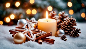 Hvidt bloklys omgivet af grankogler, kanel, små julekugler i sølv og guld samt et drys 