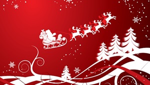 Rød hvid grafik, hvor julemanden flyver med kanen og rensdyrene forrest