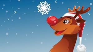Tegning af rensdyret Rudolf der ser på et snefnug, der er ved at lande på hans store, røde tud