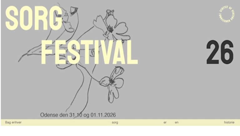 Stregtegning af blomster på grå baggrund - Sorgfestival 2026 - Odense den 31.10. og 01.11.2026