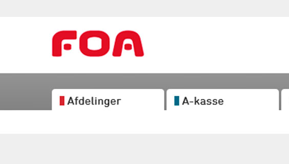 Dele af foa.dk's topmenu, hvor menupunkterne "Afdelinger" og "A-kasse" står yderst til venstre.