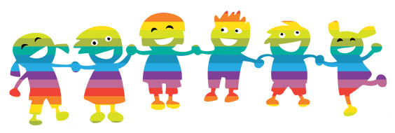 Grafik af tegneseriebørn i regnbuefarver