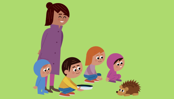 Grafik af pædagog og fire børn der giver vand til pindsvin