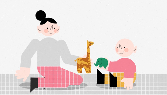 Illustration af dagplejer og barn, der leger med dyrefigurer