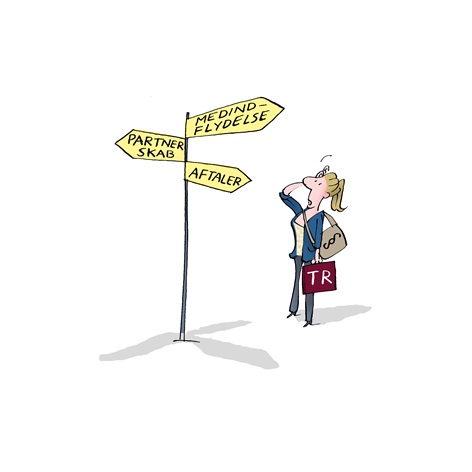 Tegning kvinde kigger på skilte