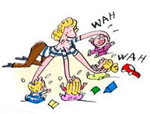 Tegning af dagplejer med fire arme og skrigende børn