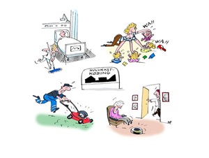 Tegning, collage: sygehus, dagplejer, gartner, hjemmehjælper