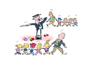 Tegning politi dirigerer børn og voksne