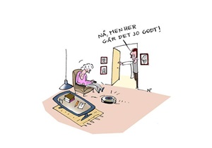 Tegning af hjemmehjælper, der kigger til sovende ældre